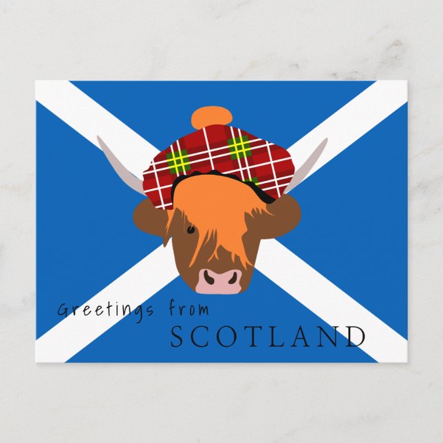 Skotska hönokor med tjärtak och flagga vykort (Framsida)