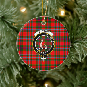 Skotska klanen Butter Check Tartan och vapensköld Julgransprydnad Keramik