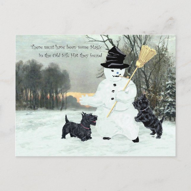 Skotska terrier bygger en snöman vykort (Framsida)