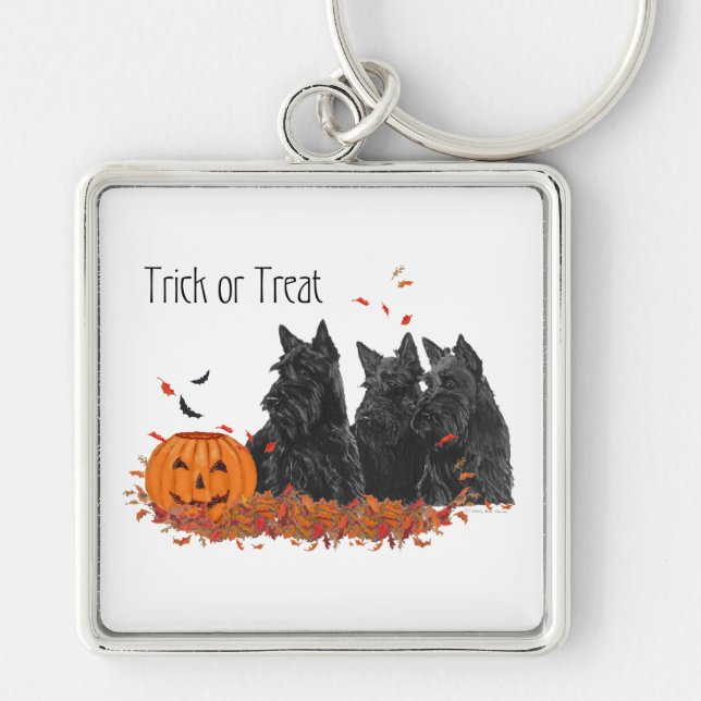 Skotska terrier Halloween Fyrkantig Silverfärgad Nyckelring (Framsidan)