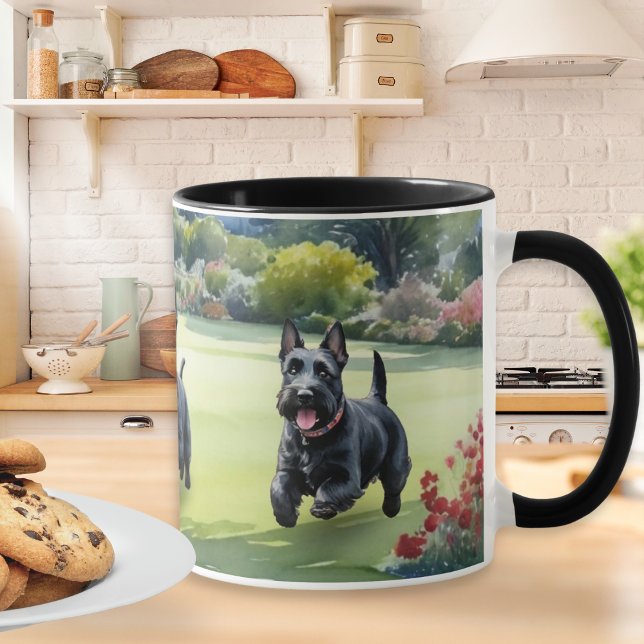 Skotska terrierhundar akvarell Scotties Mugg (A mug with picture of Scottish Terrier dogs playing in a garden in summer, in a watercolor style)