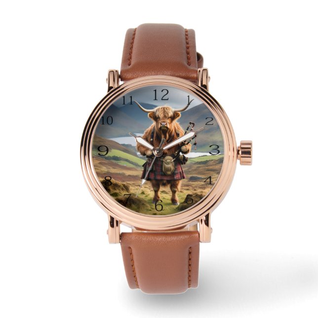 Skotskt Humor: Highland Ko Bagpiper Armbandsur (Framsida)