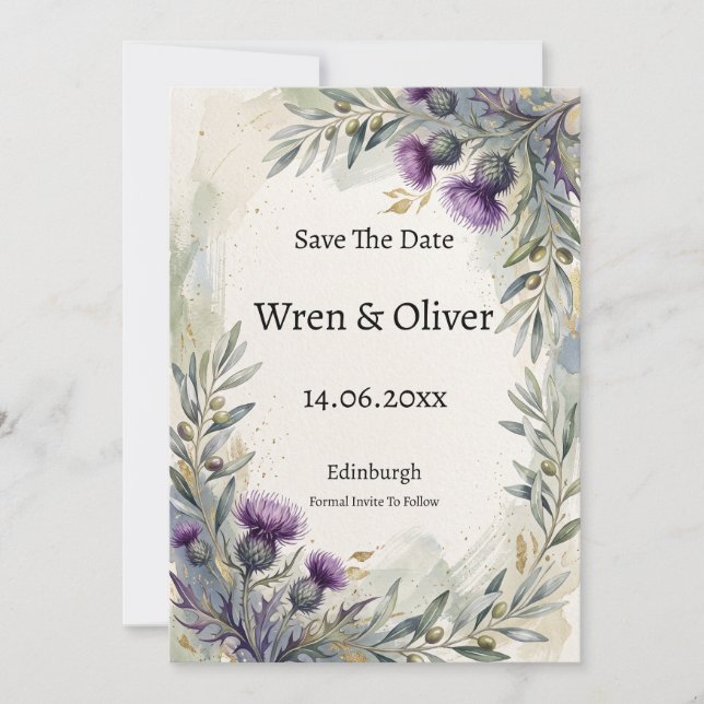 Skotskt tistel oliv Botanisk Save The Date Spara Datumet (Framsida)