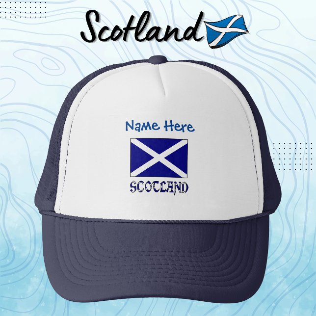 Skottland och skotsk flagg blå personalisering  keps (Personalize blue trucker hat features the St. Andrew's Cross Scot Flag with the word SCOTLAND below.)