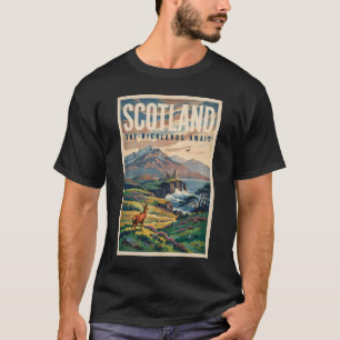 Skottland Skotsk Highland hjort illustration Retro T Shirt