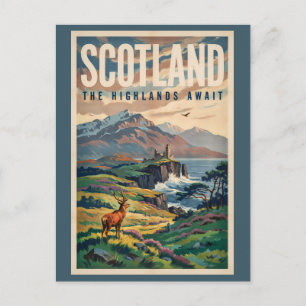 Skottland Skotsk Highland hjortillustration Retro Vykort