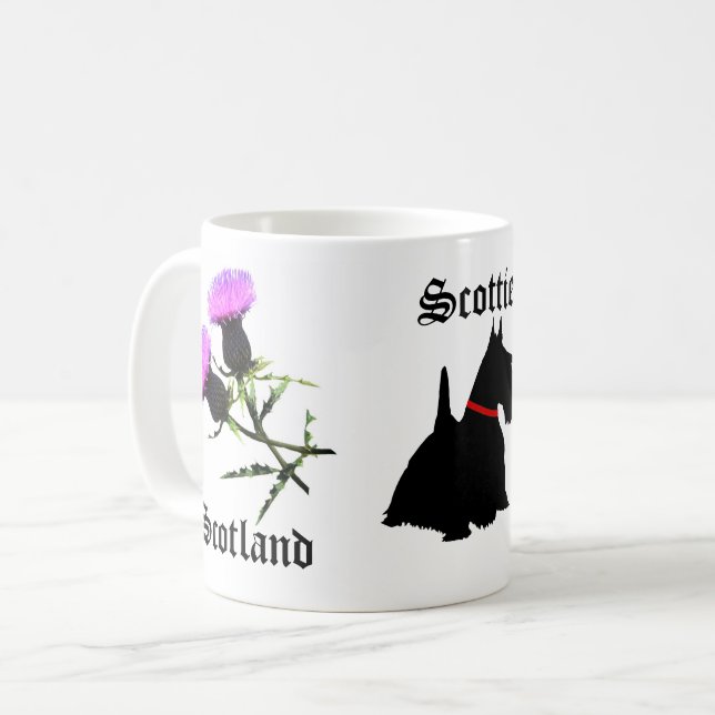 Skottland skotsk terrier/Scottie, blomma tistel  Kaffemugg (Framsida vänster)