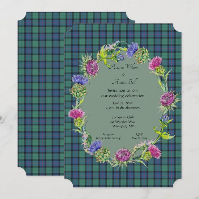 Skottlands blomma Tartan Med Guld Ram Inbjudningar (Fram/baksida)