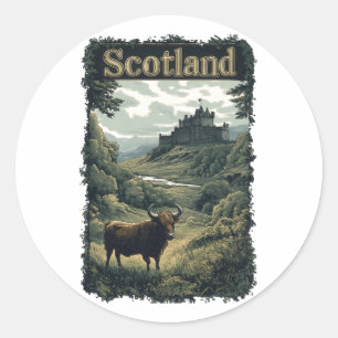 Skottlands design: Highland Cow, Castle and Scener Runt Klistermärke
