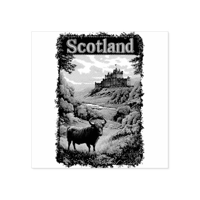 Skottlands design: Highland Cow, Castle and Scener Stämpel (Tryck)