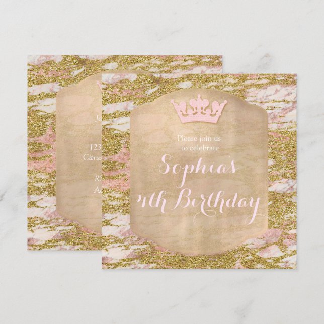 Skottrosa Guld Prinsessa Födelsedagsfest Inbjudan (Fram/baksida)