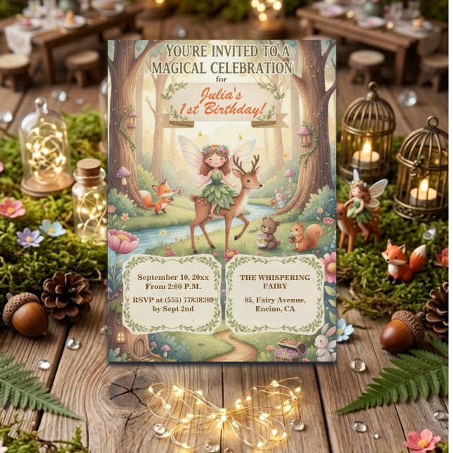 Skovdamensälva Whimsical 1-års födelsedagsfest Inbjudningar (Skapare uppladdad)