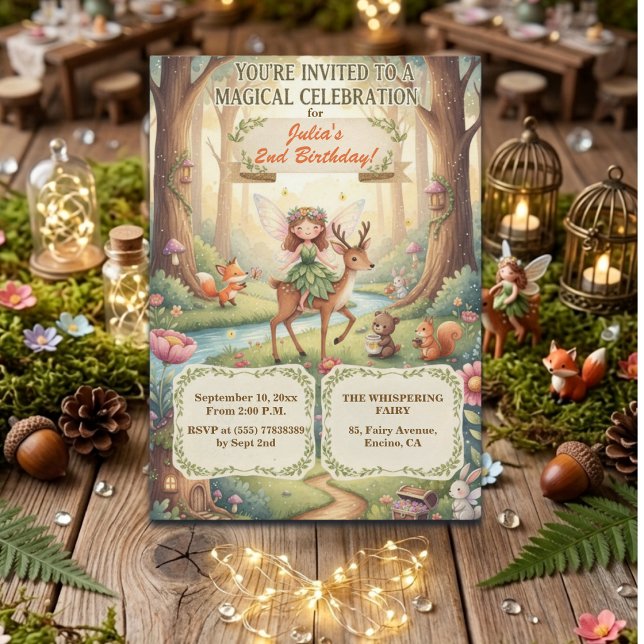 Skovdamensälva Whimsical 2-års födelsedagsfest Inbjudningar (Skapare uppladdad)