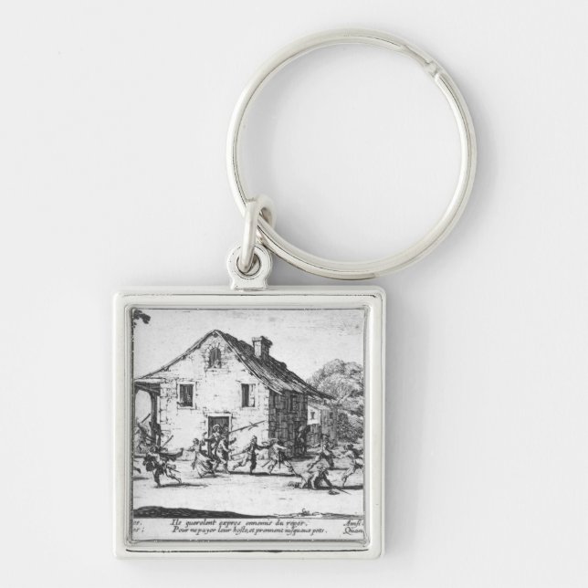 Skövla av en gästgivargård fyrkantig silverfärgad nyckelring (Framsidan)