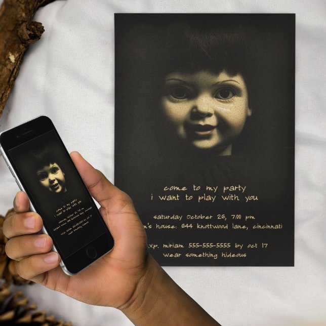 Skräck Porslinsdocka Gotisk Halloweenfest Inbjudningar (Skapare uppladdad)