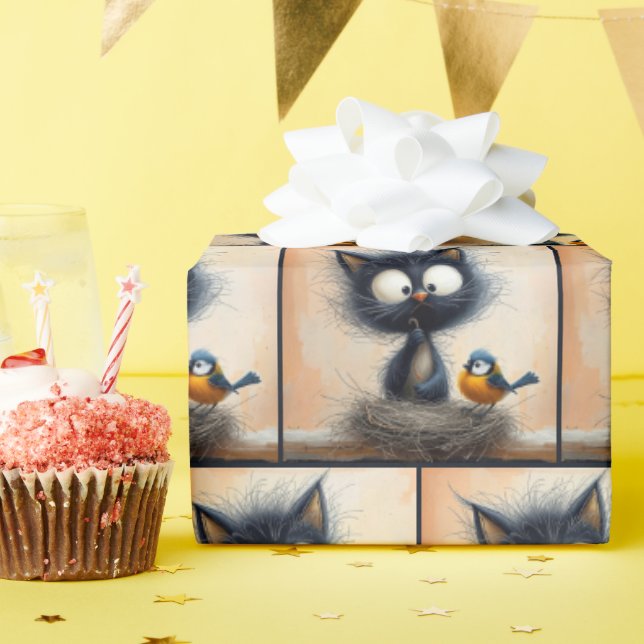 Skrackad, vidögd katt med Mask för fågel Presentpapper (Födelsedagsfest)