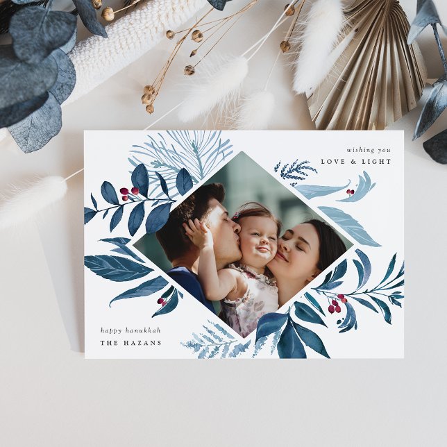 Skräckande | Vattenfärg Botaniskt Hanukkah Photo Julkort (Skapare uppladdad)