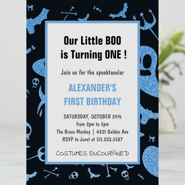 Skräckfulla lilla boo Halloween 1-års födelsedag Inbjudningar (Halloween-1st-birthday-Invitation-Spooktacular-Little-boo-boy-blue-1)