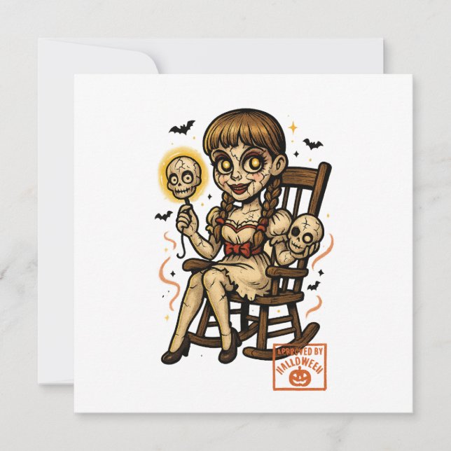 Skräckfulla Pinup-docka – Kusligt Söt Halloween Julkort (Framsida)