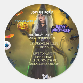 Skräckfylld Halloween-födelsedagsinbjudan Runt Klistermärke