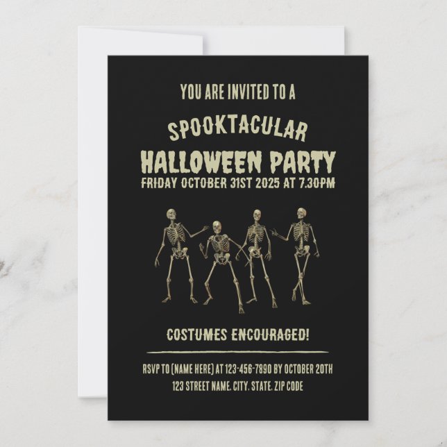Skräckfylld Halloweenfest. Roliga skelett Inbjudningar (Framsida)