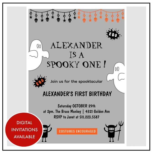 Skräckfyllda skräckinjagande ett Halloween 1-års f Inbjudningar (Halloween-1st-birthday-Invitation-Spooktacular-Spooky-one-grey-1)