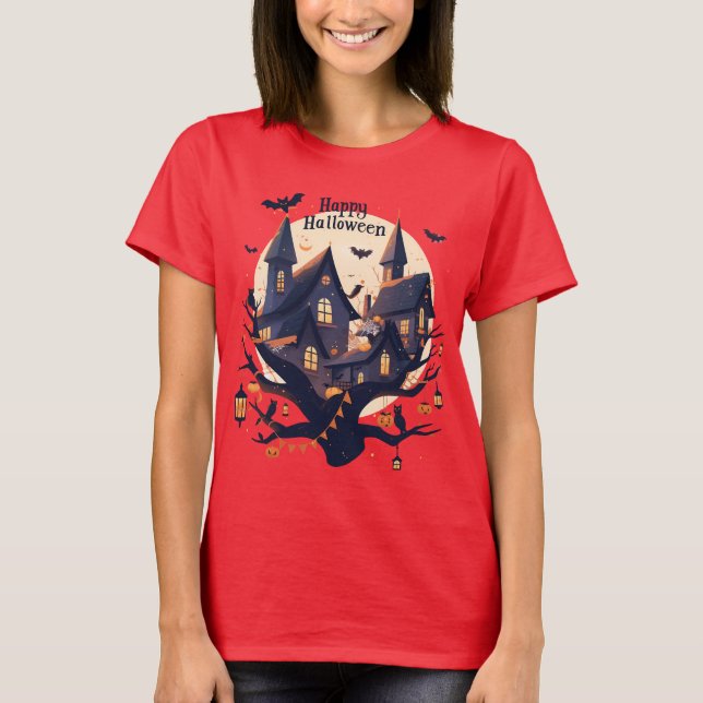 Skräckhus “Glad Halloween” T-Shirt (Framsida)