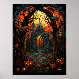 Skräckhus glasmålning Halloween gotisk konst Poster
