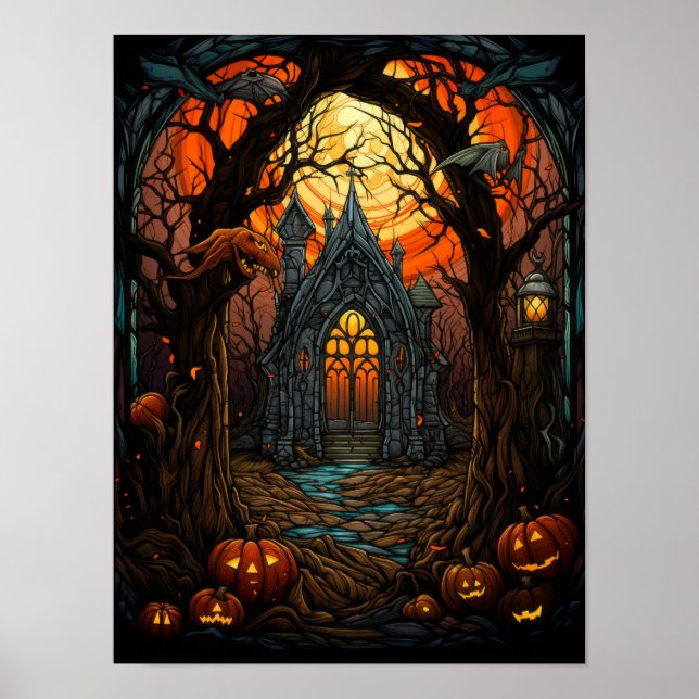 Skräckhus glasmålning Halloween gotisk konst Poster (Framsidan)