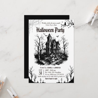 Skräckhus Halloween-fest Svart Vit Gotisk Inbjudningar
