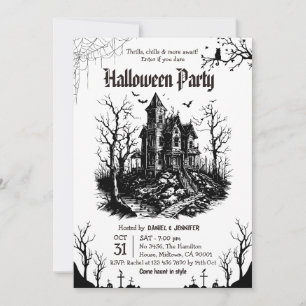 Skräckhus Halloween-fest Svart Vit Gotisk Inbjudningar