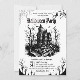 Skräckhus Halloween-fest Svart Vit Gotisk Inbjudningar
