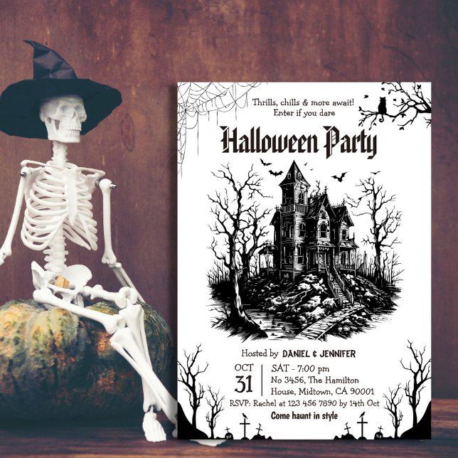 Skräckhus Halloween-fest Svart Vit Gotisk Inbjudningar (Skapare uppladdad)