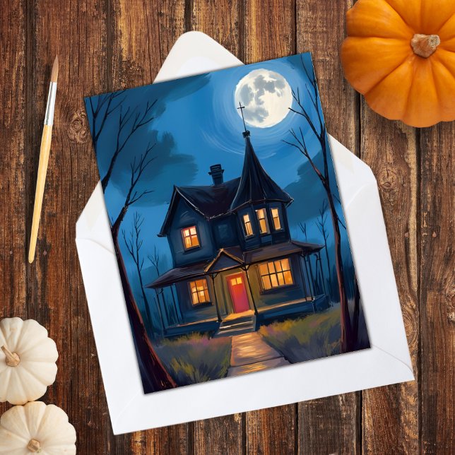 Skräckhus Halloween Handmålad Julkort (Skapare uppladdad)