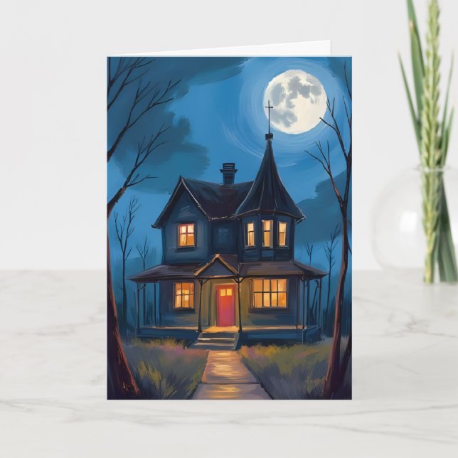 Skräckhus Halloween Handmålad Kort (Framsida)