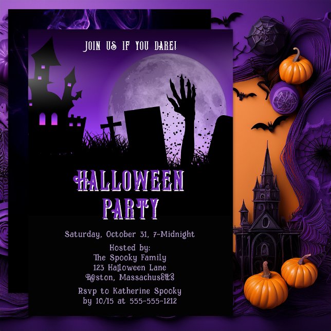 Skräckhus Halloween Zombie Lila Mån Fest Inbjudningar (Haunted house Halloween invitation with purple moon and spooky graveyard scene.)