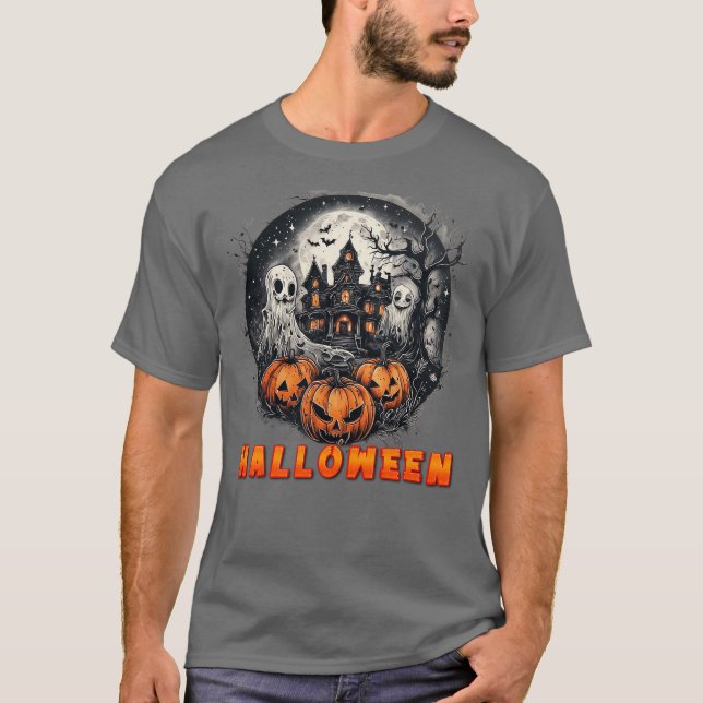 Skräckhus med pumpor, spöken och fullmåne t shirt (Framsida)