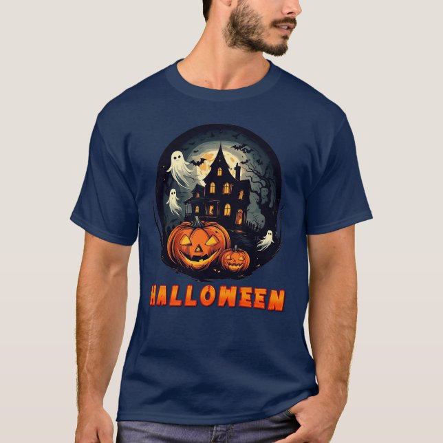Skräckhus med pumpor, spöken och fullmåne t shirt (Framsida)