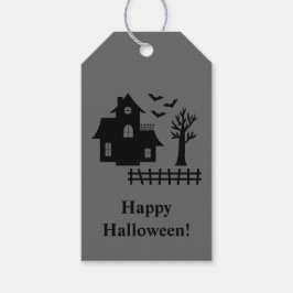 Skräckhus och Glad Halloween Text Grå Presentetikett