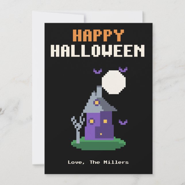 Skräckhus Pixel Art Halloween-kort Julkort (Framsida)