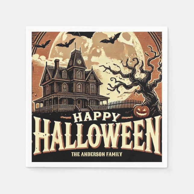 Skräckhus Pumpa Kuslig Skrämmande Halloween Pappersservett (Framsidan)