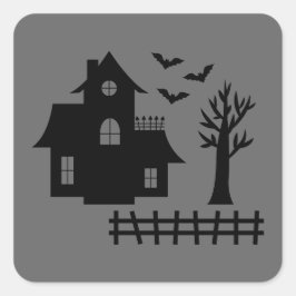 Skräckhus Siluett Med Fladdermöss Grå Halloween Fyrkantigt Klistermärke