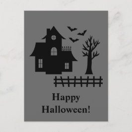 Skräckhus Siluett Med Fladdermöss Grå Halloween Vykort
