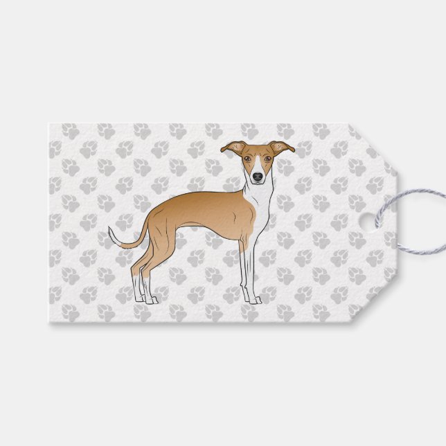 Skräckig och vit italiensk greyhound Hund med Tass Presentetikett (Framsidan (Horisontell))