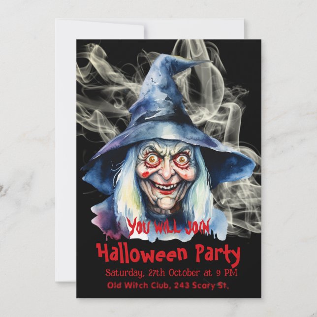 Skräcklig Halloween-häxa Inbjudningar (Framsida)