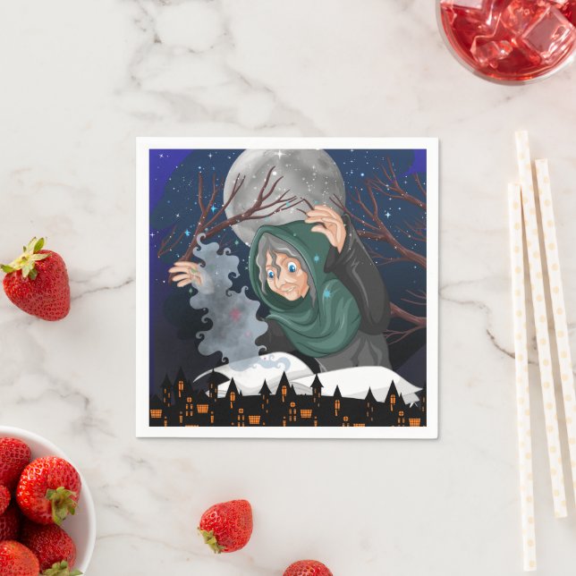 Skräcklig häxa & spökhus Halloween🌙 Pappersservett (Insitu)