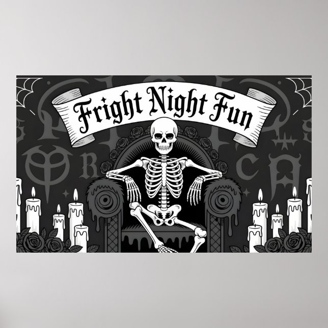 Skräcknattsskul: Skelett på tron-design Poster (Framsidan)