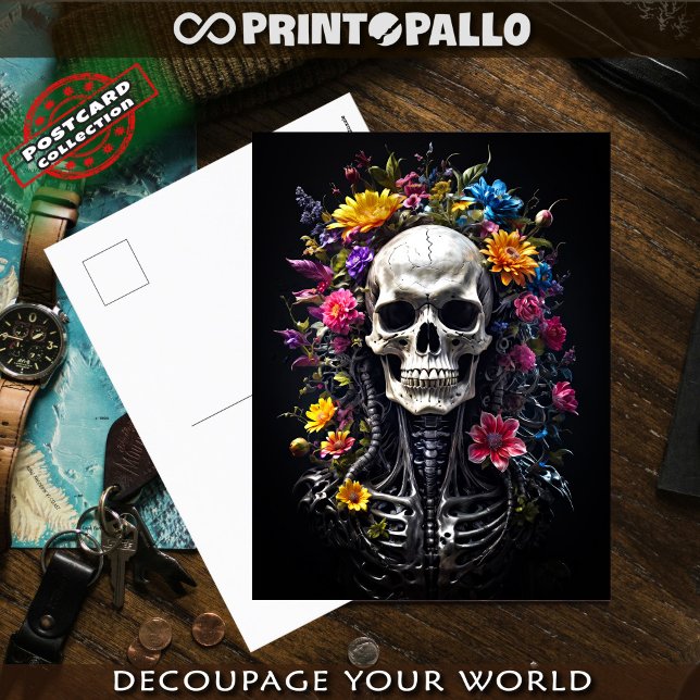 Skräckskalle och skelett med blommor vykort (Skapare uppladdad)