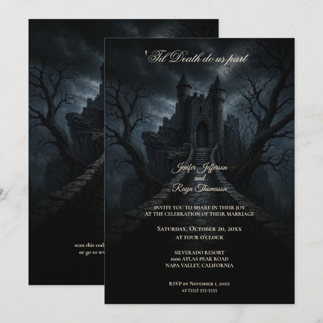 Skräckslott gotiskt Halloween bröllopsinbjudan Inbjudningar (Fram/baksida)