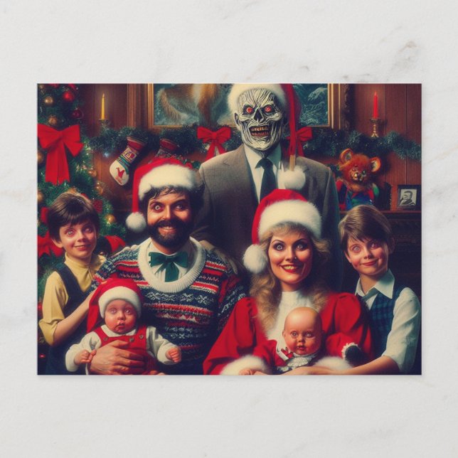 Skräckspöklik jul retro familjeporträtt vykort (Framsida)